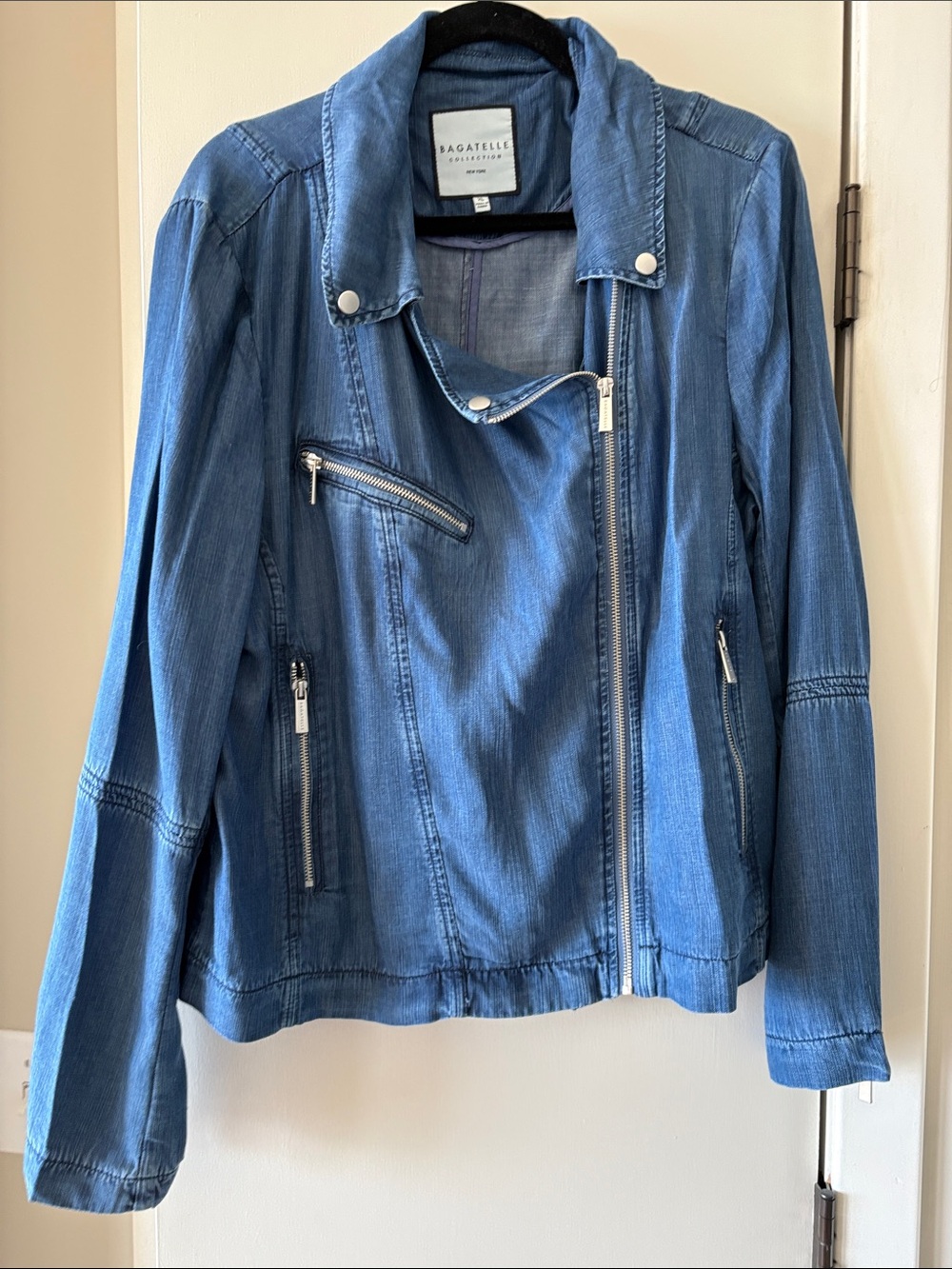 bagatelle Medium Blue Denim Moto Jacket with Silver Hardware